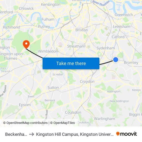 Beckenham to Kingston Hill Campus, Kingston University map
