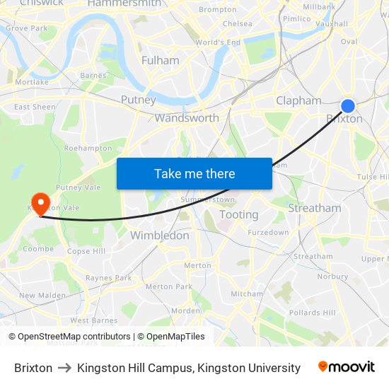 Brixton to Kingston Hill Campus, Kingston University map