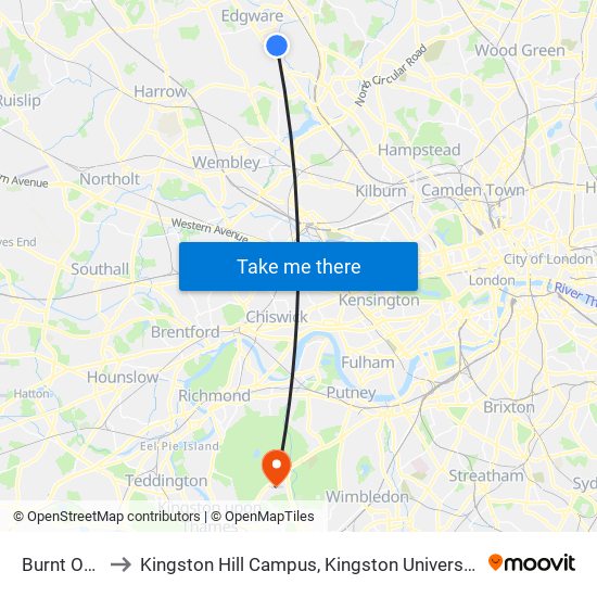 Burnt Oak to Kingston Hill Campus, Kingston University map