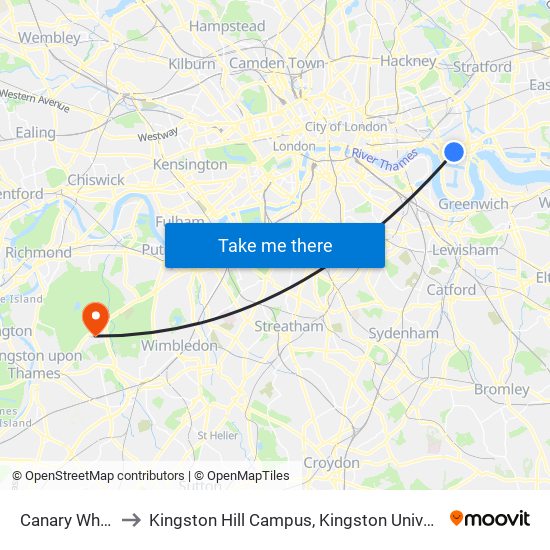 Canary Wharf to Kingston Hill Campus, Kingston University map