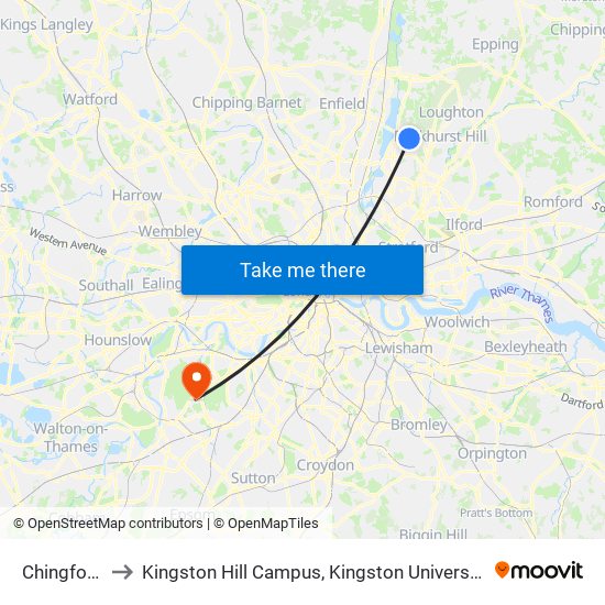 Chingford to Kingston Hill Campus, Kingston University map