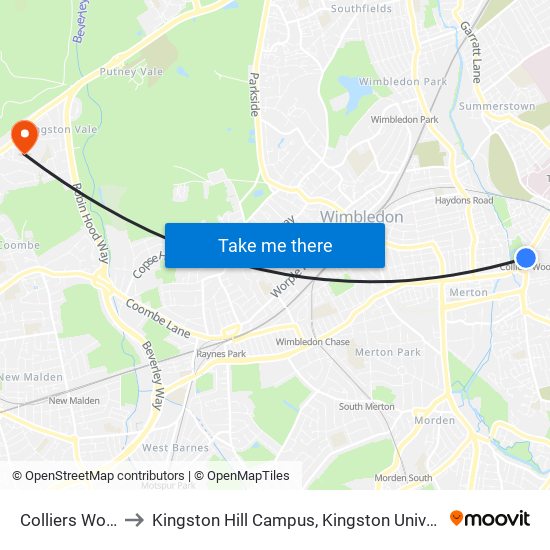 Colliers Wood to Kingston Hill Campus, Kingston University map