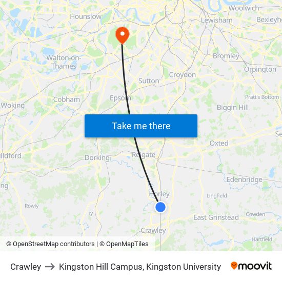 Crawley to Kingston Hill Campus, Kingston University map