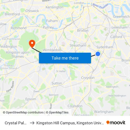 Crystal Palace to Kingston Hill Campus, Kingston University map