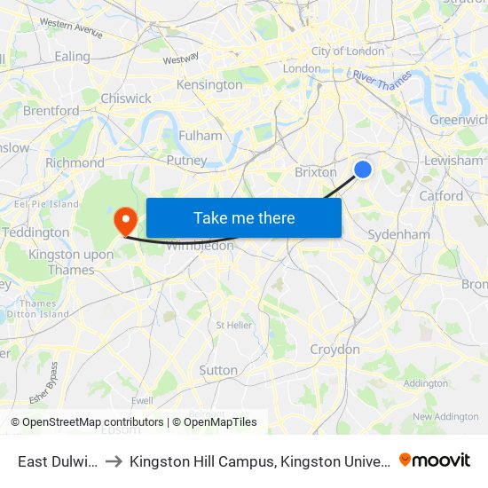 East Dulwich to Kingston Hill Campus, Kingston University map