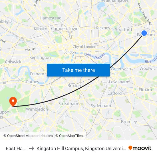 East Ham to Kingston Hill Campus, Kingston University map