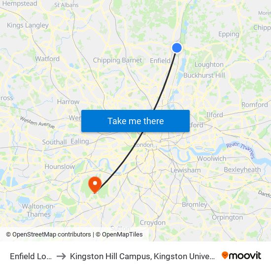 Enfield Lock to Kingston Hill Campus, Kingston University map