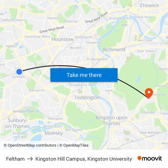 Feltham to Kingston Hill Campus, Kingston University map