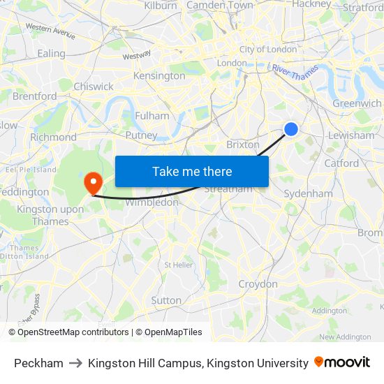 Peckham to Kingston Hill Campus, Kingston University map