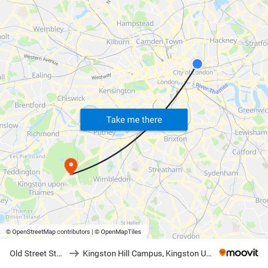 Old Street Station to Kingston Hill Campus, Kingston University map