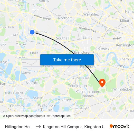 Hillingdon Hospital to Kingston Hill Campus, Kingston University map