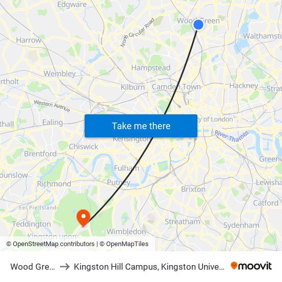 Wood Green to Kingston Hill Campus, Kingston University map