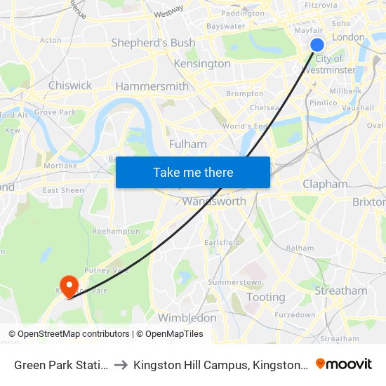 Green Park Station (H) to Kingston Hill Campus, Kingston University map