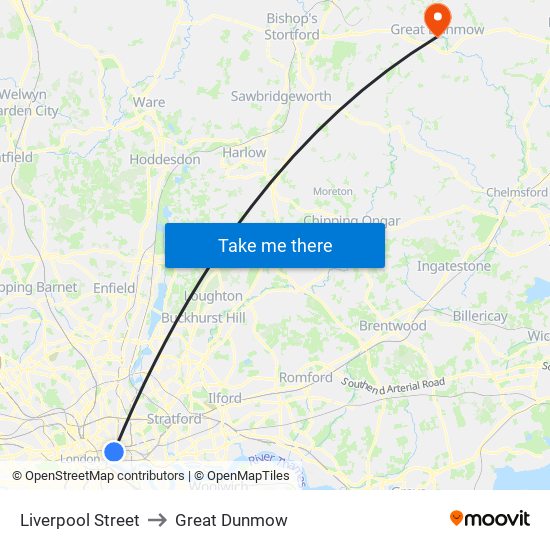 Liverpool Street to Great Dunmow map