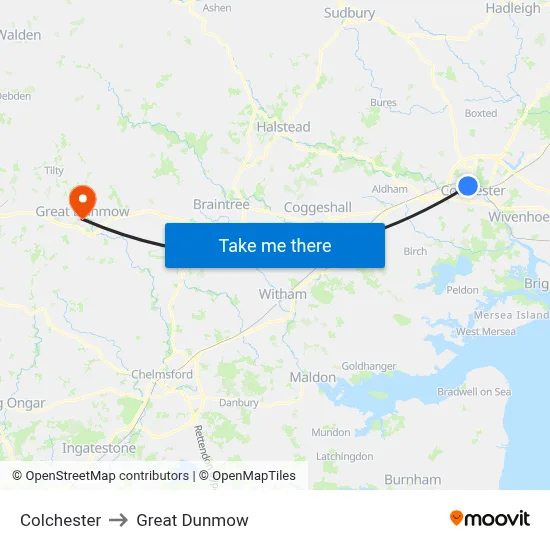 Colchester to Great Dunmow map
