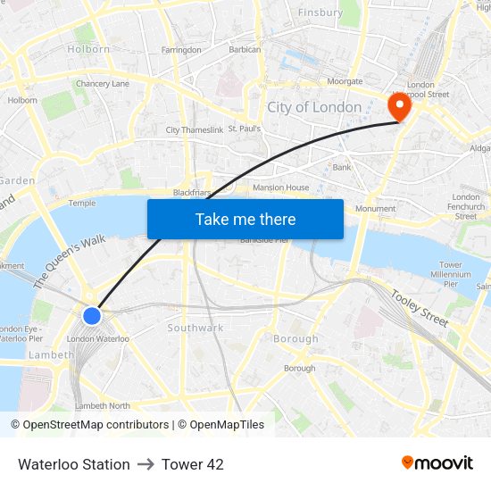 Waterloo Station to Tower 42 map