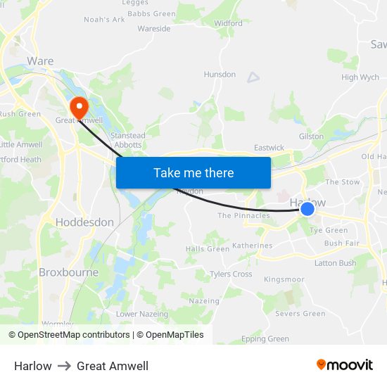 Harlow to Great Amwell map