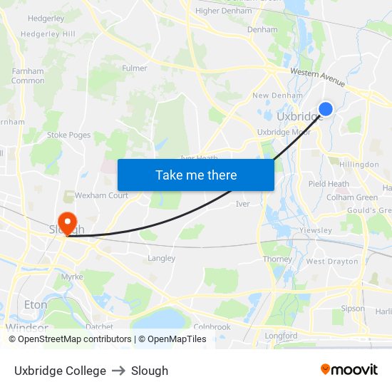 Uxbridge College to Slough map
