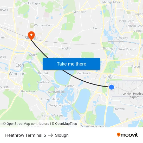 Heathrow Terminal 5 to Slough map
