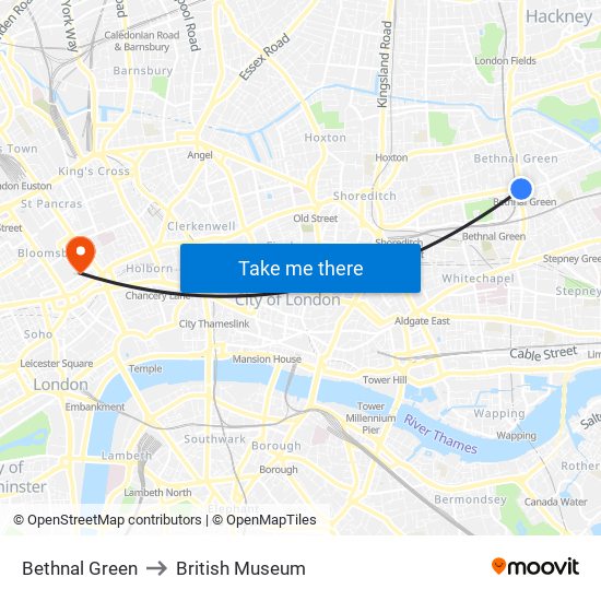 Bethnal Green to British Museum map