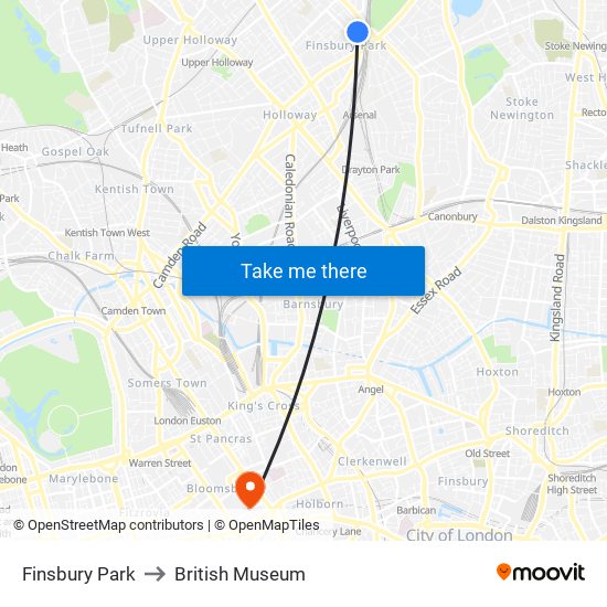 Finsbury Park to British Museum map