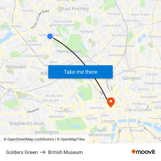 Golders Green to British Museum map