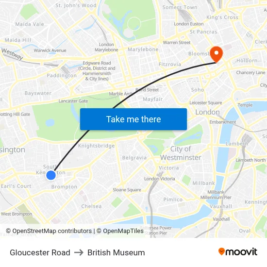 Gloucester Road to British Museum map