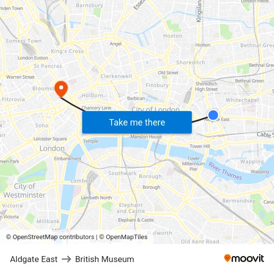 Aldgate East to British Museum map