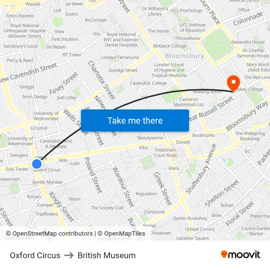 Oxford Circus to British Museum map