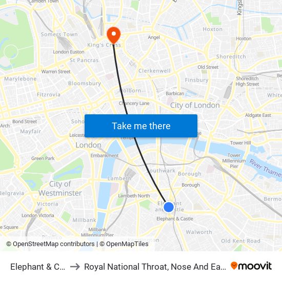 Elephant & Castle to Royal National Throat, Nose And Ear Hospital map