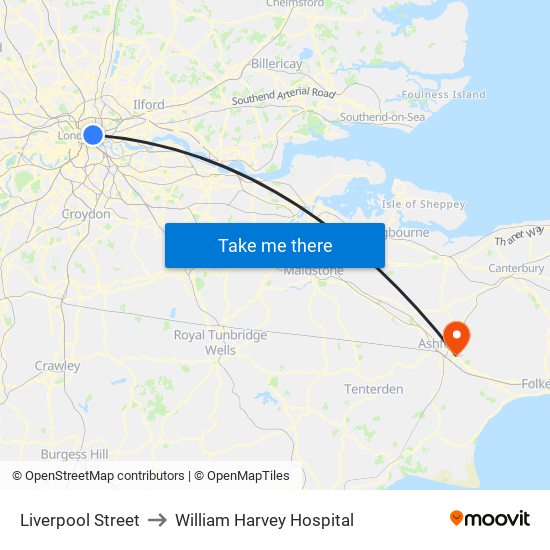 Liverpool Street to William Harvey Hospital map
