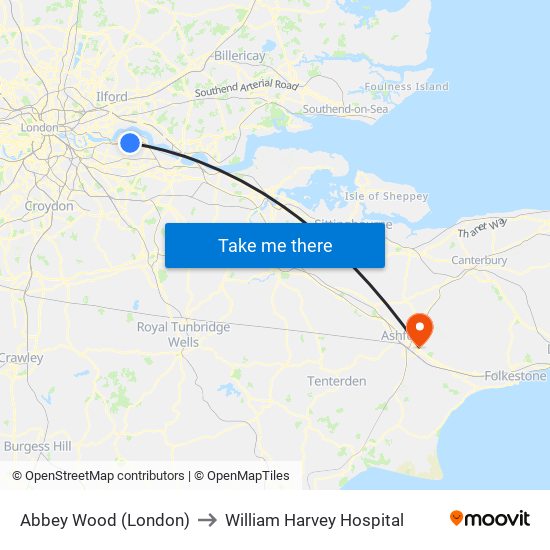 Abbey Wood (London) to William Harvey Hospital map