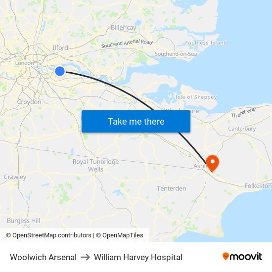 Woolwich Arsenal to William Harvey Hospital map