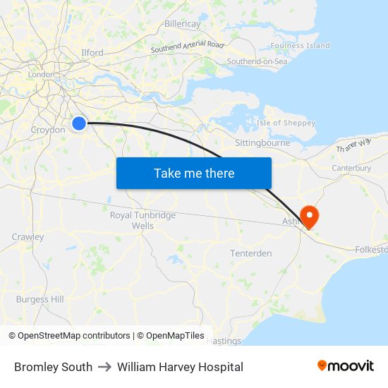 Bromley South to William Harvey Hospital map