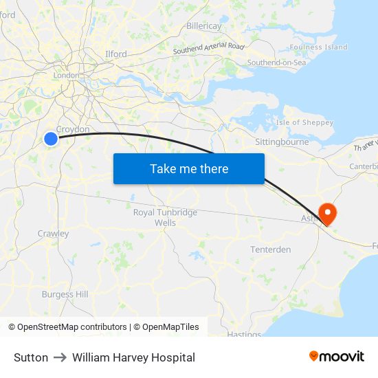 Sutton to William Harvey Hospital map