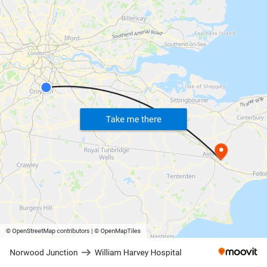 Norwood Junction to William Harvey Hospital map