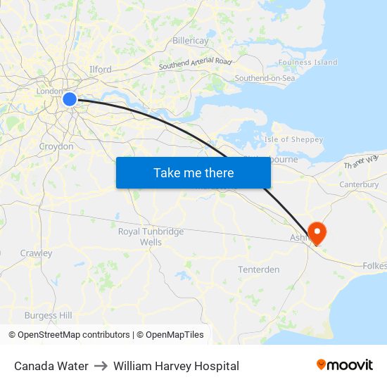Canada Water to William Harvey Hospital map
