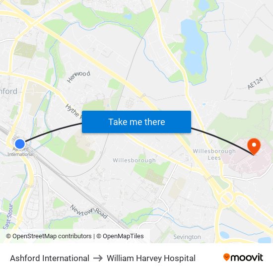 Ashford International to William Harvey Hospital map