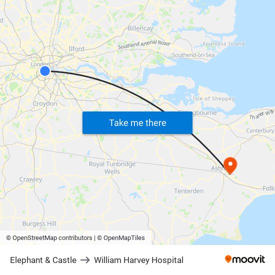 Elephant & Castle to William Harvey Hospital map