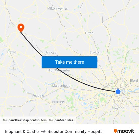 Elephant & Castle to Bicester Community Hospital map