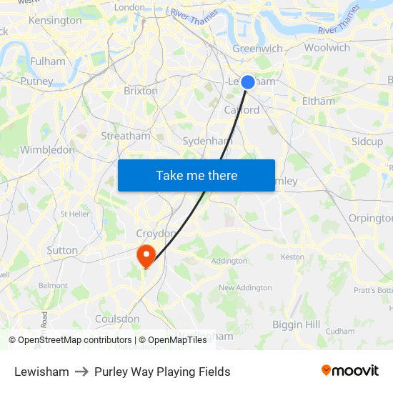 Lewisham to Purley Way Playing Fields map