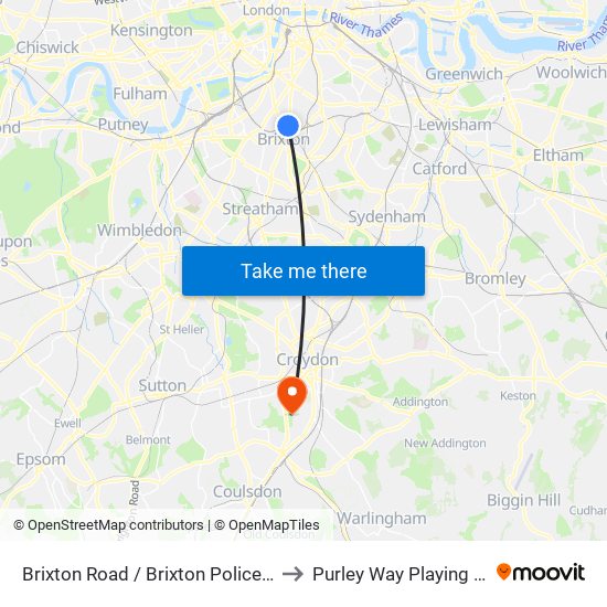 Brixton Road / Brixton Police Station to Purley Way Playing Fields map