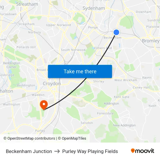 Beckenham Junction to Purley Way Playing Fields map