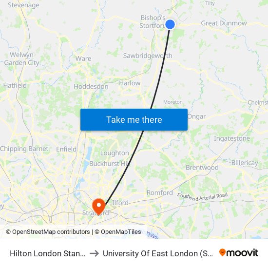 Hilton London Stansted Airport to University Of East London (Stratford Campus) map