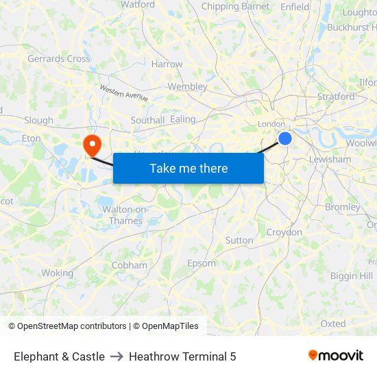 Elephant & Castle to Heathrow Terminal 5 map