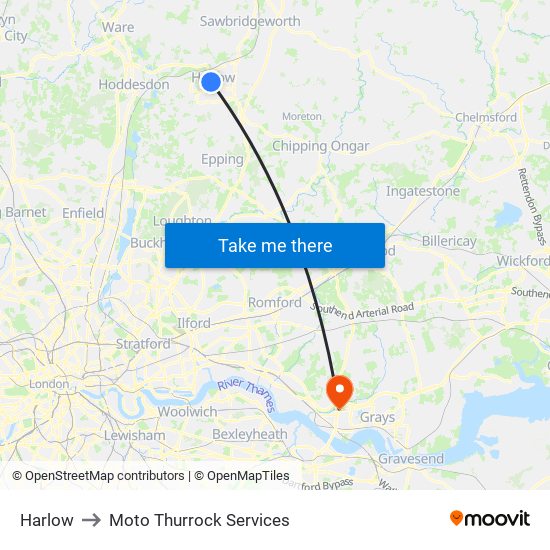 Harlow to Moto Thurrock Services map