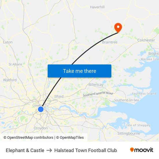 Elephant & Castle to Halstead Town Football Club map