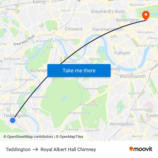 Teddington to Royal Albert Hall Chimney map