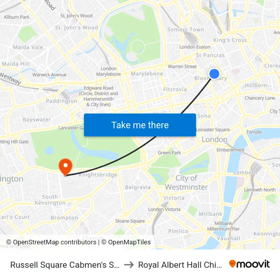 Russell Square Cabmen's Shelter to Royal Albert Hall Chimney map