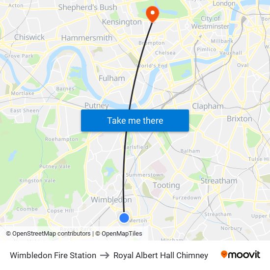 Wimbledon Fire Station to Royal Albert Hall Chimney map